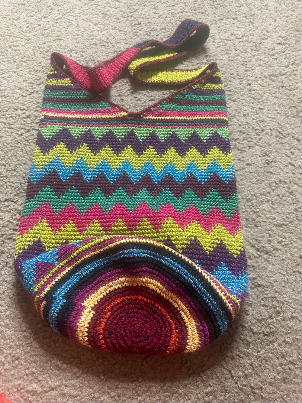 Crochet Hippy Happy Zigzag Shoulder Bag - Multicolor Sturdy Large  Like NEW